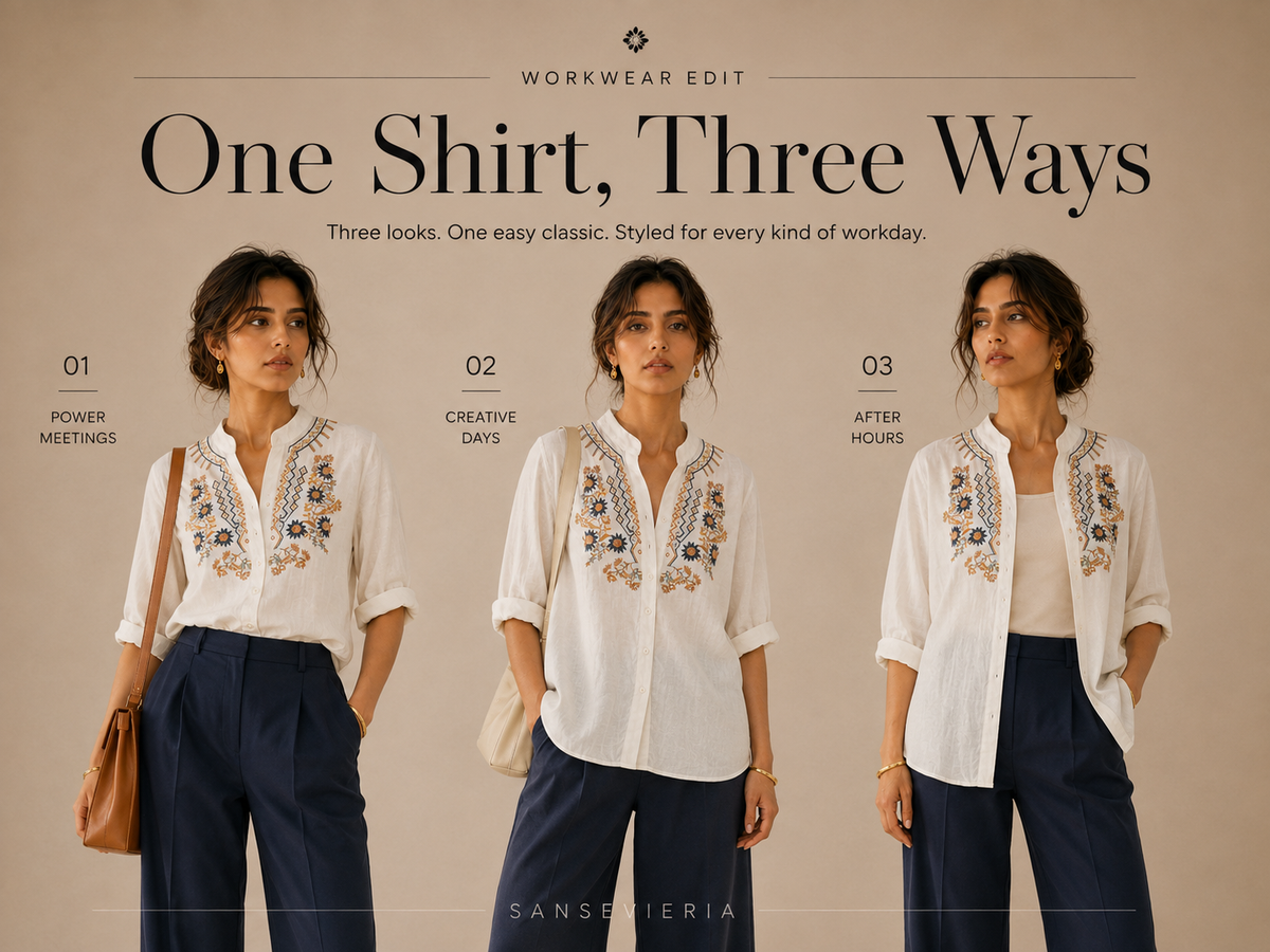 Three workwear looks featuring the same white embroidered shirt styled with navy trousers for meetings, creative days, and after-hours wear.