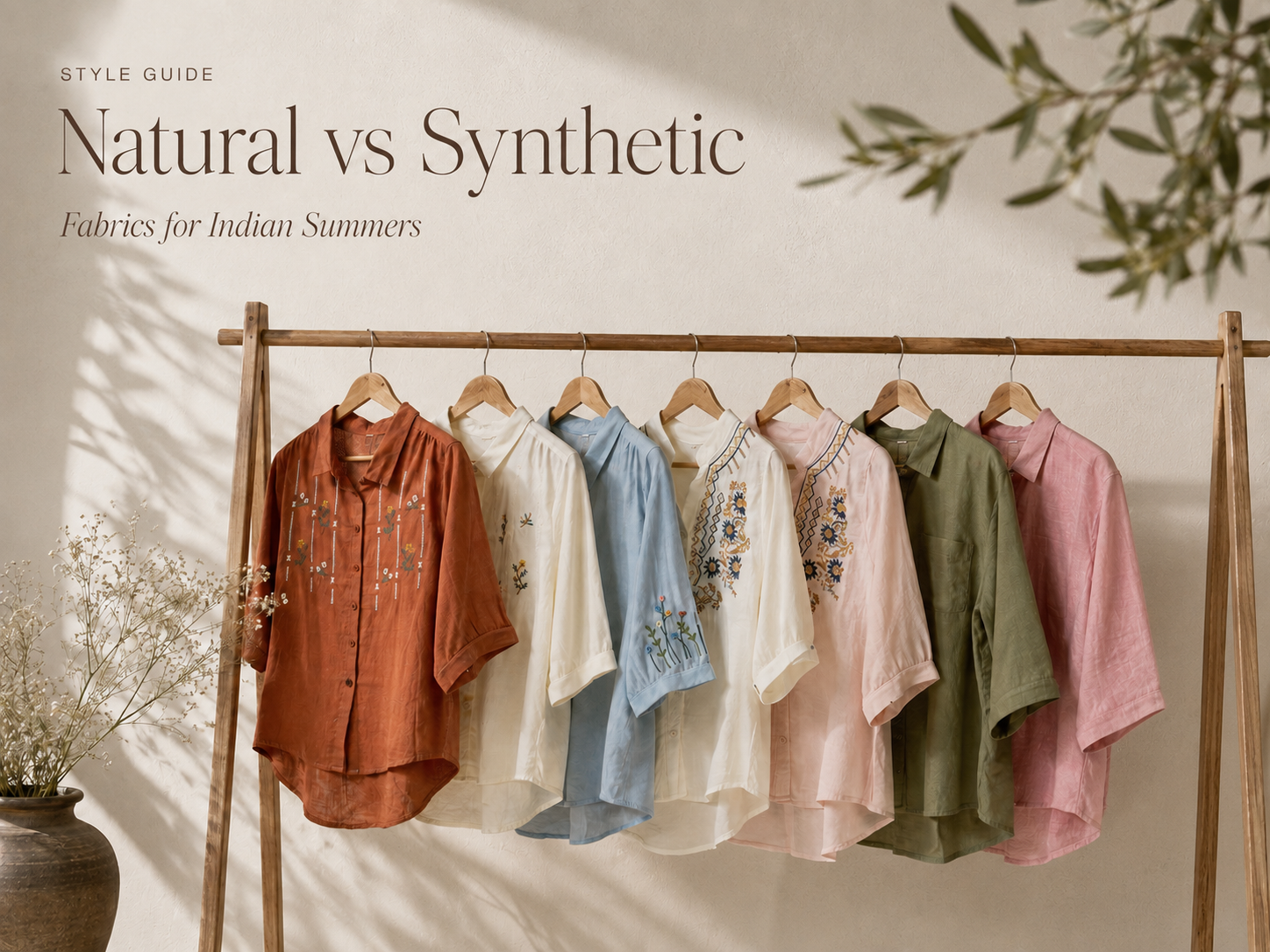 Six lightweight shirts in rust, cream, blue, blush, olive, and pink hang on a wooden rack against a neutral wall with soft natural shadows.