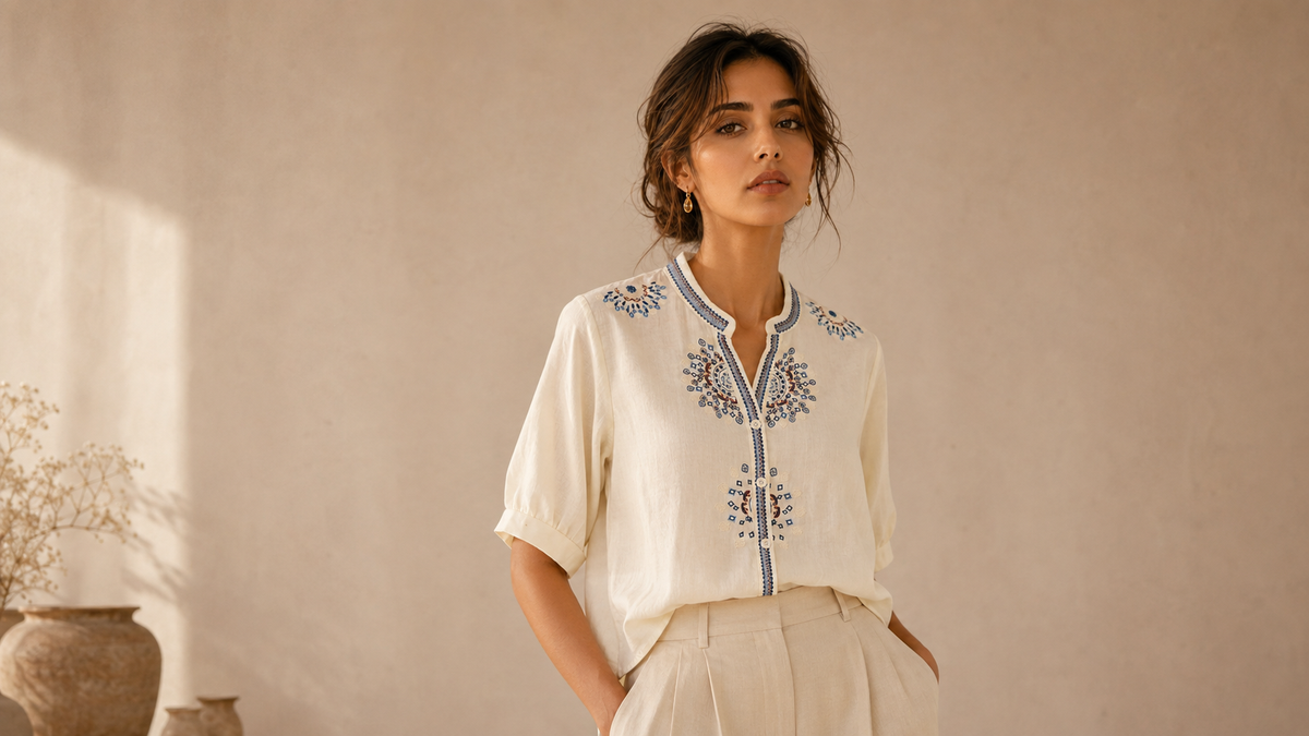 “Woman wearing ivory embroidered cotton shirt styled as a modern festive outfit for women”