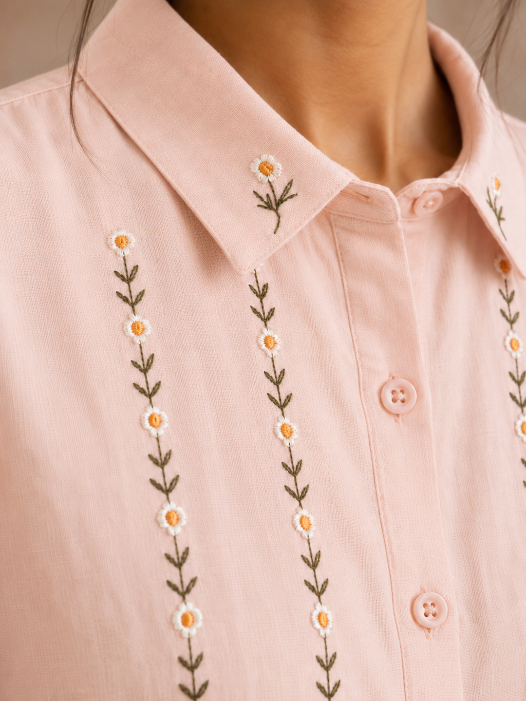 Blush Pink Collar Floral Embroidered Cotton Shirt