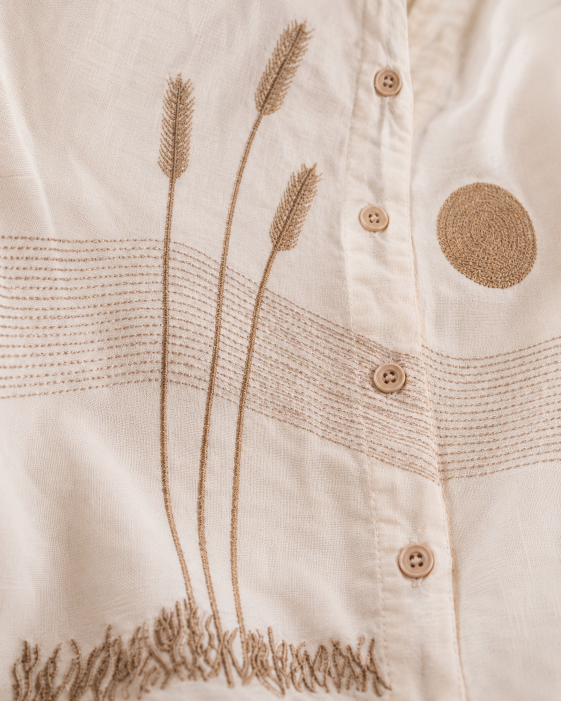 Warm Ivory Landscape Embroidered Cotton Shirt