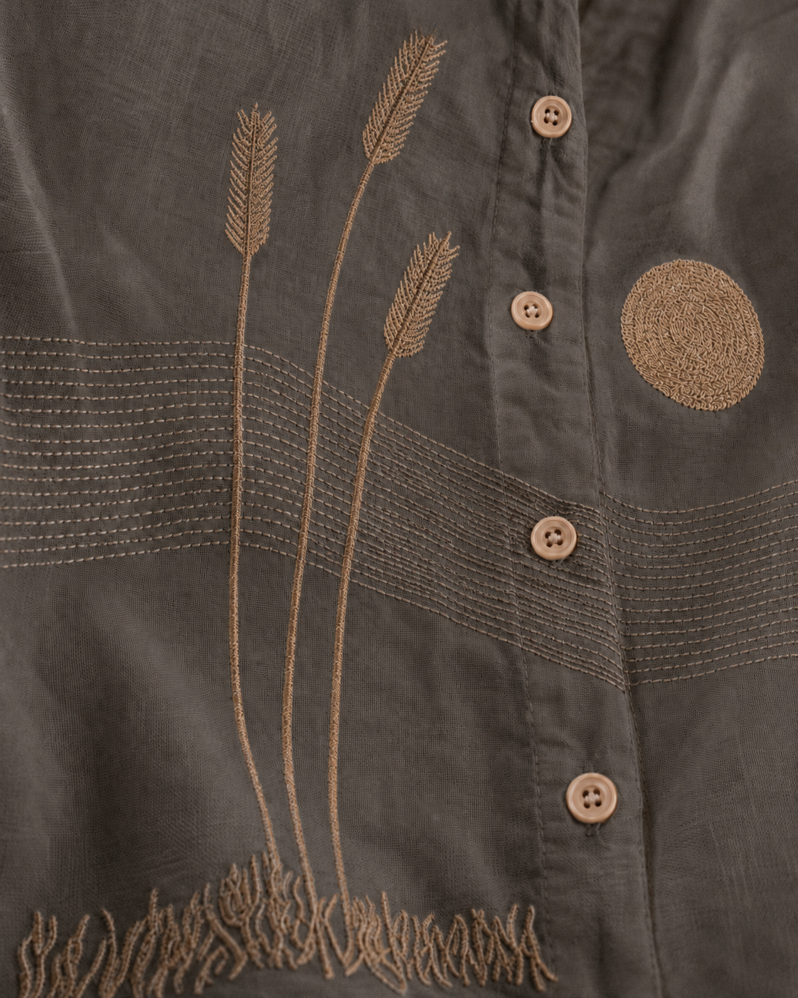 Slate Grey Landscape Embroidered Cotton Shirt
