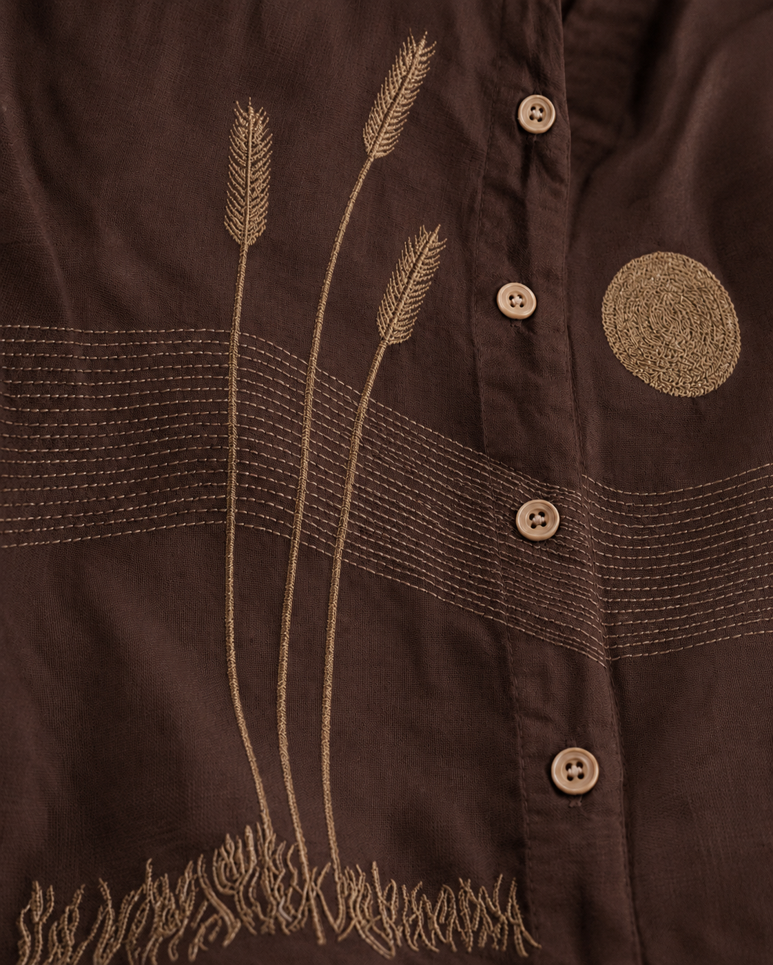 Chocolate Brown Landscape Embroidered Cotton Shirt