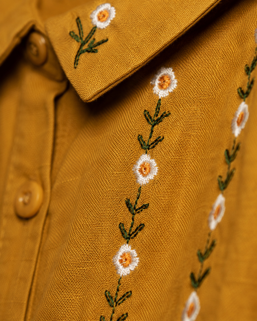 Mustard Collar Floral Embroidered Cotton Shirt
