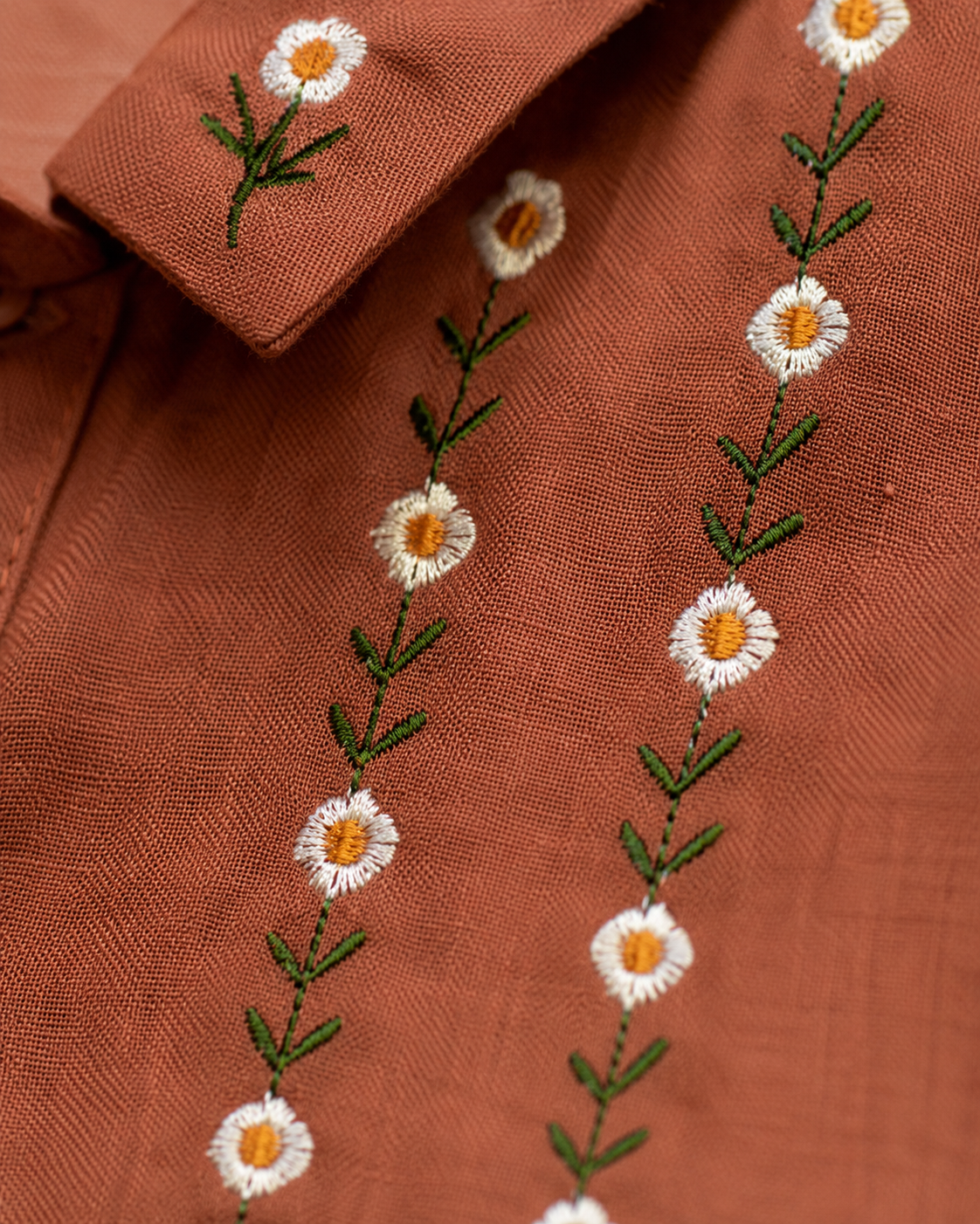 Terracotta Collar Floral Embroidered Cotton Shirt