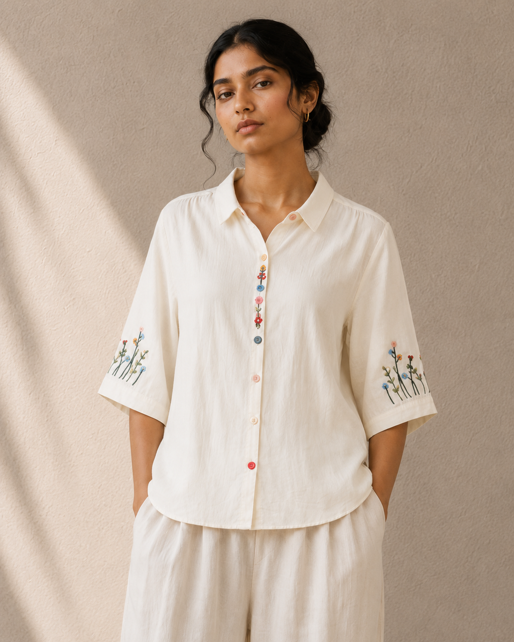 Ivory Wildflower Embroidered Cotton Shirt
