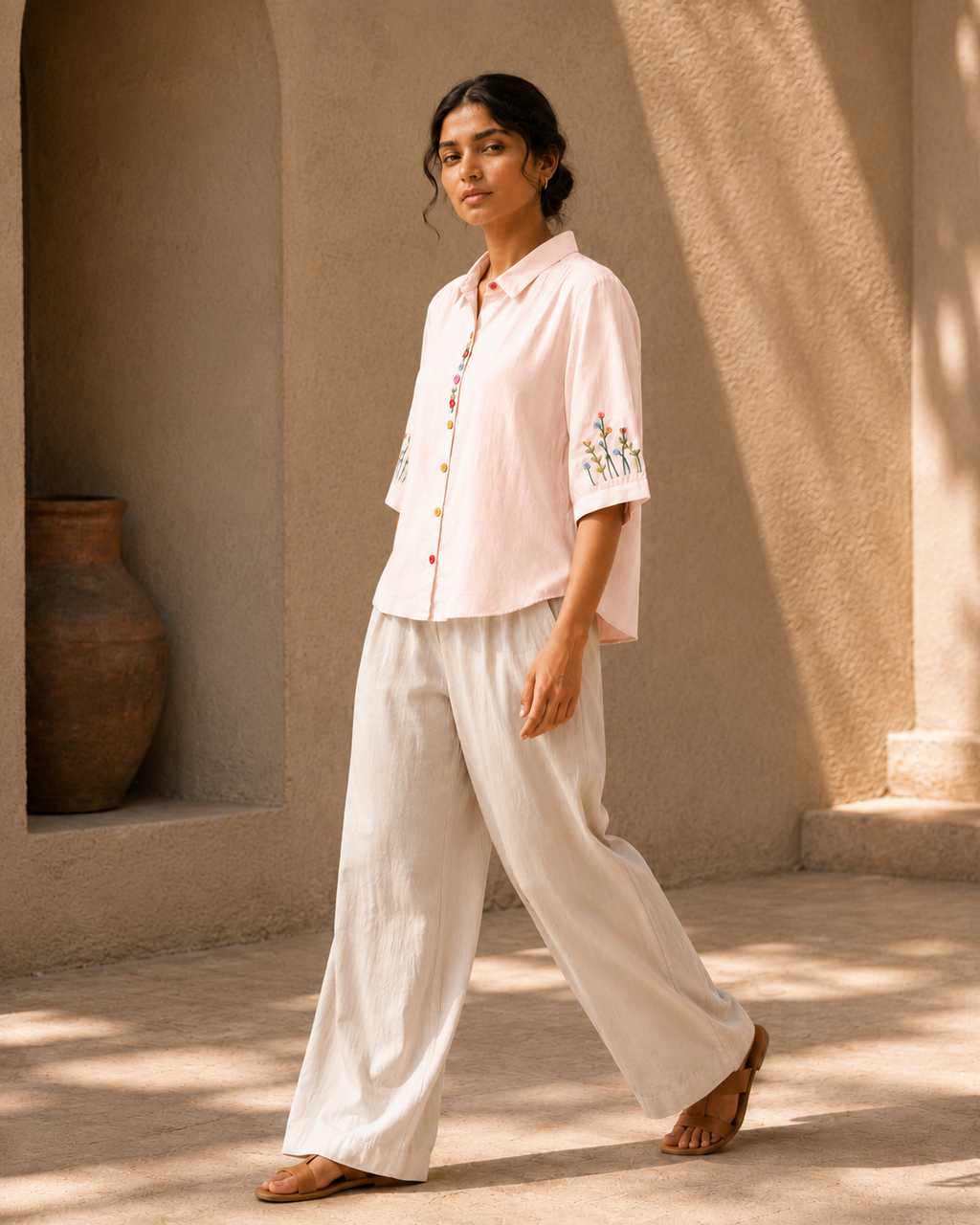 Soft Blush Pink Wildflower Embroidered Cotton Shirt