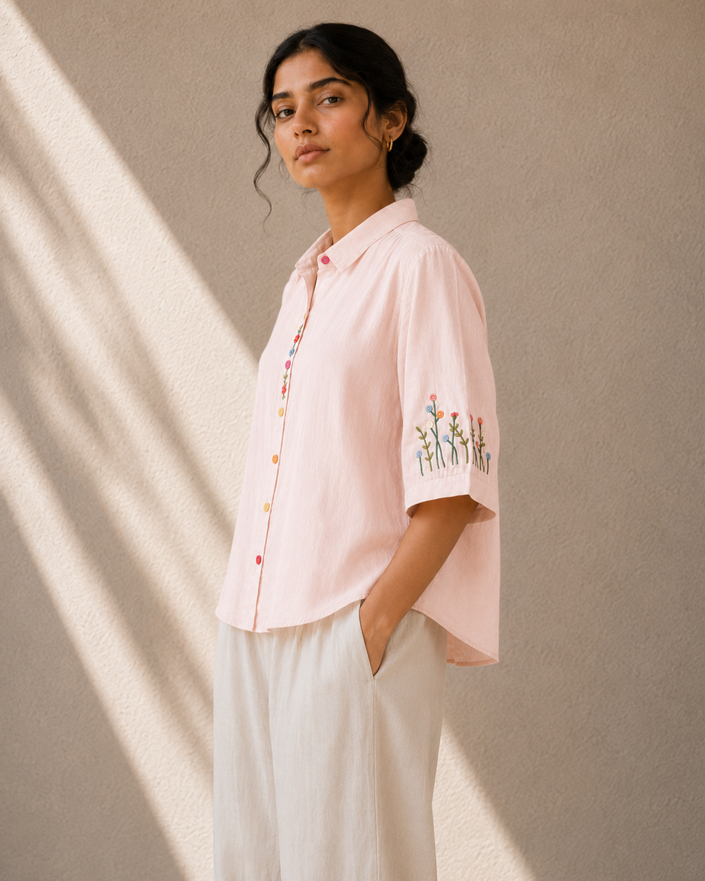 Soft Blush Pink Wildflower Embroidered Cotton Shirt
