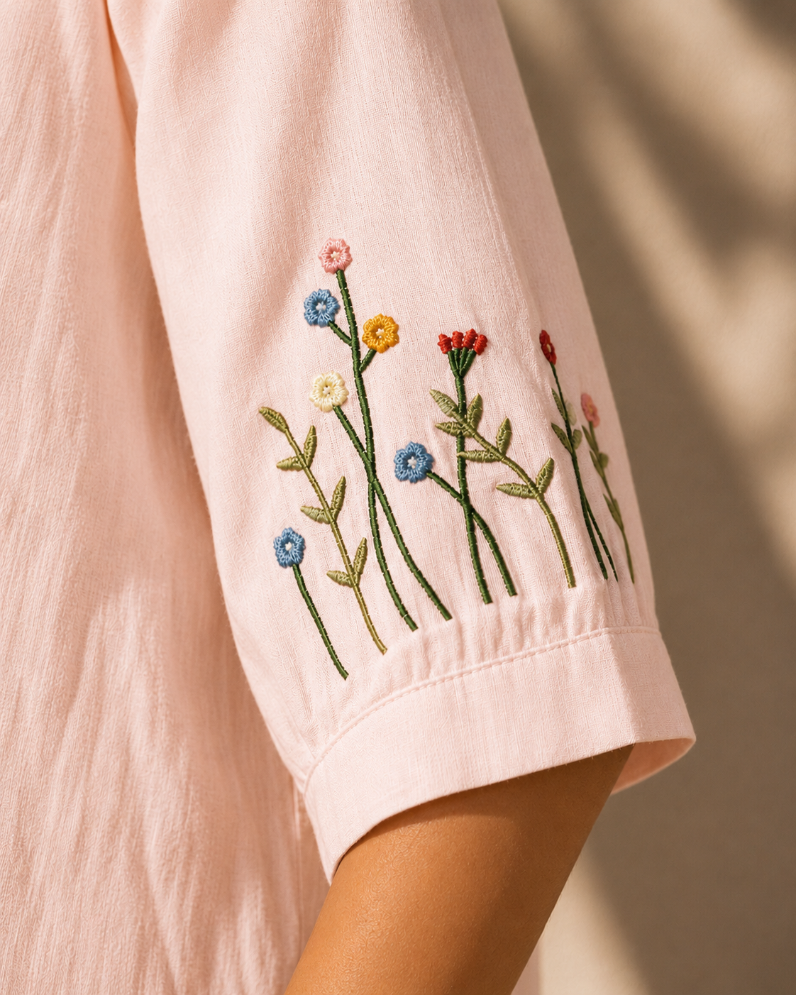 Soft Blush Pink Wildflower Embroidered Cotton Shirt