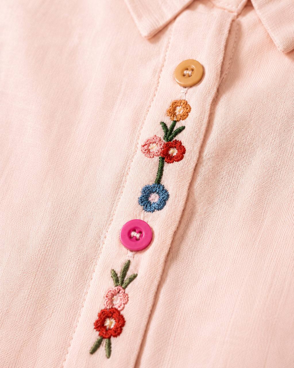 Soft Blush Pink Wildflower Embroidered Cotton Shirt