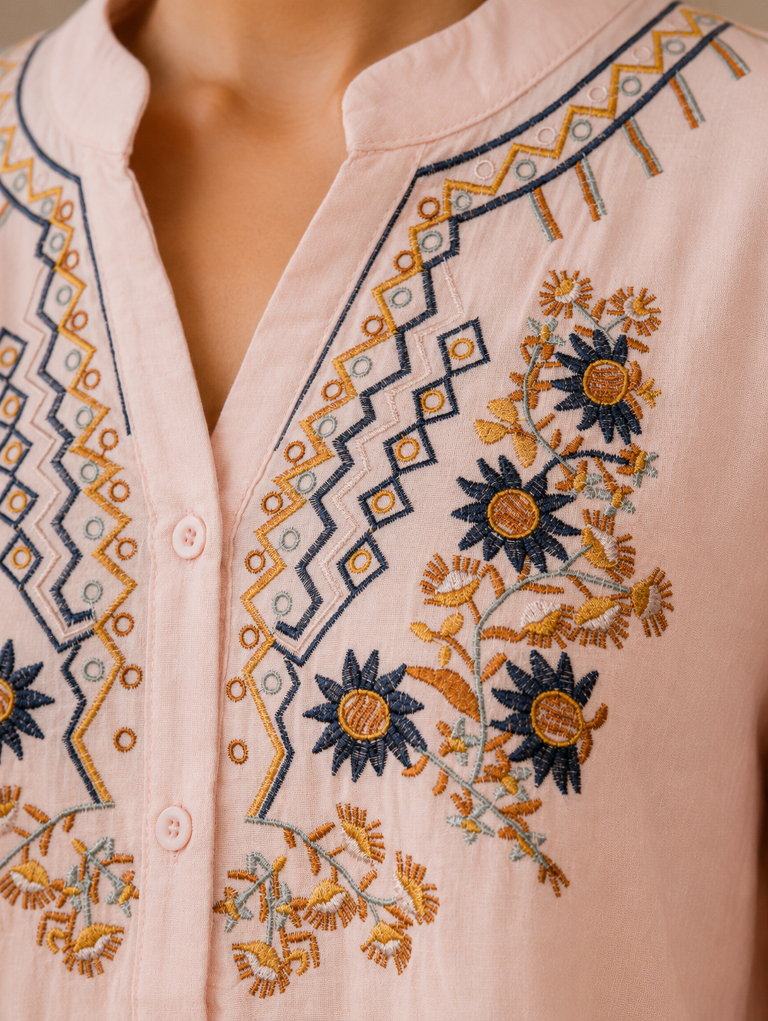 Soft Blush Pink Artisan Embroidered Cotton Shirt