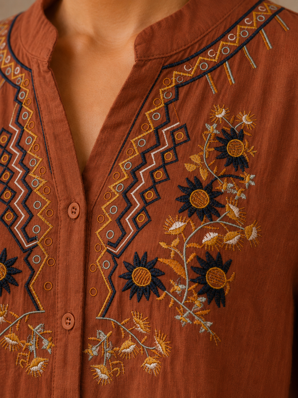 Terracotta Artisan Embroidered Cotton Shirt