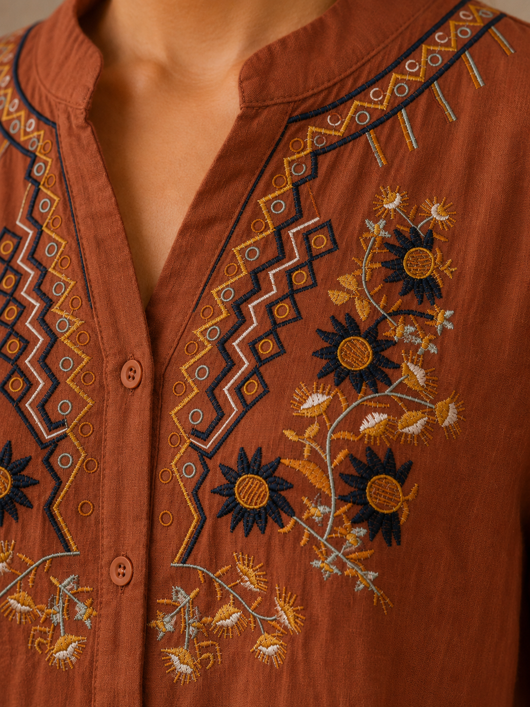 Terracotta Artisan Embroidered Cotton Shirt