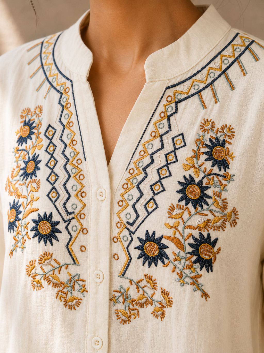Warm Ivory Artisan Embroidered Cotton Shirt