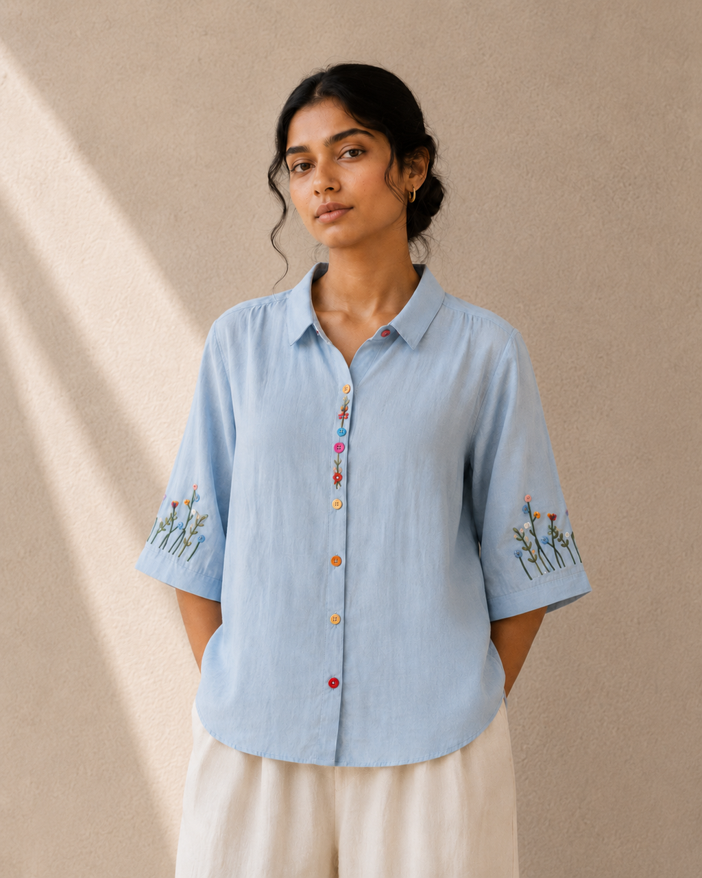 Sky Blue Wildflower Embroidered Cotton Shirt