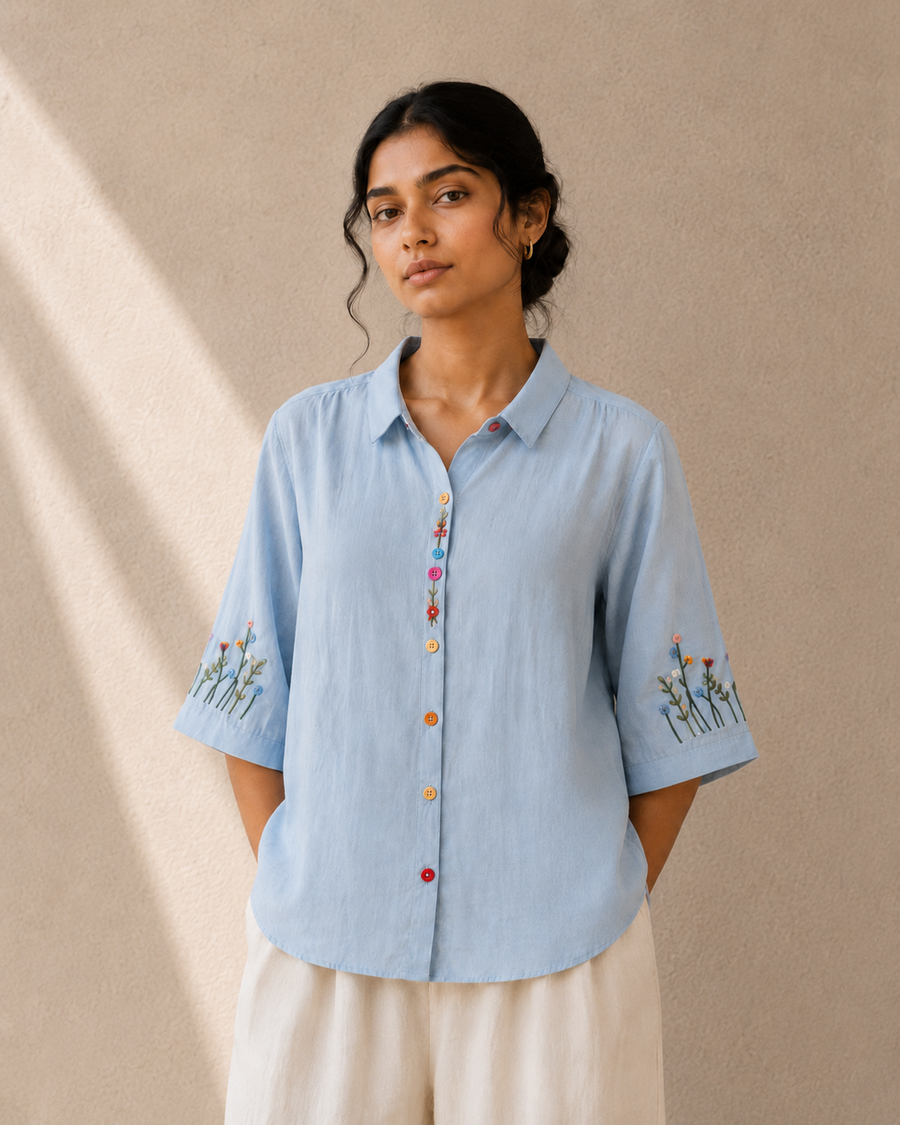 Sky Blue Wildflower Embroidered Cotton Shirt