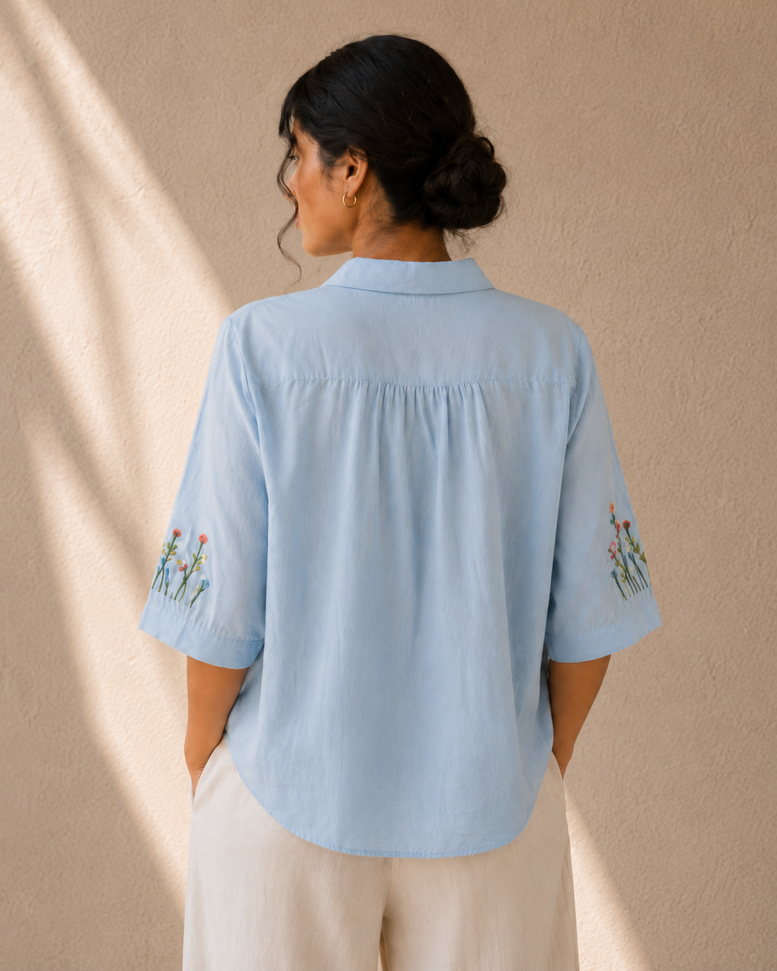 Sky Blue Wildflower Embroidered Cotton Shirt