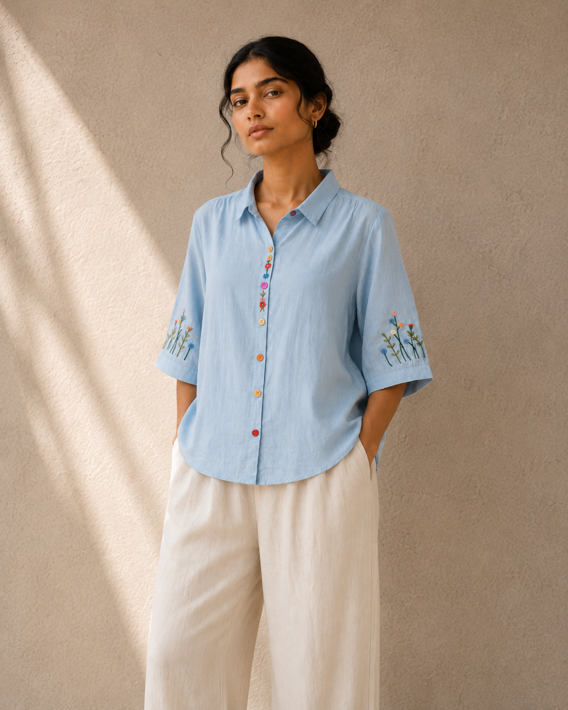 Sky Blue Wildflower Embroidered Cotton Shirt