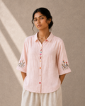 Soft Blush Pink Wildflower Embroidered Cotton Shirt