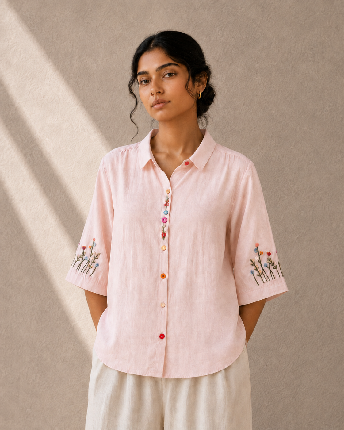 Soft Blush Pink Wildflower Embroidered Cotton Shirt