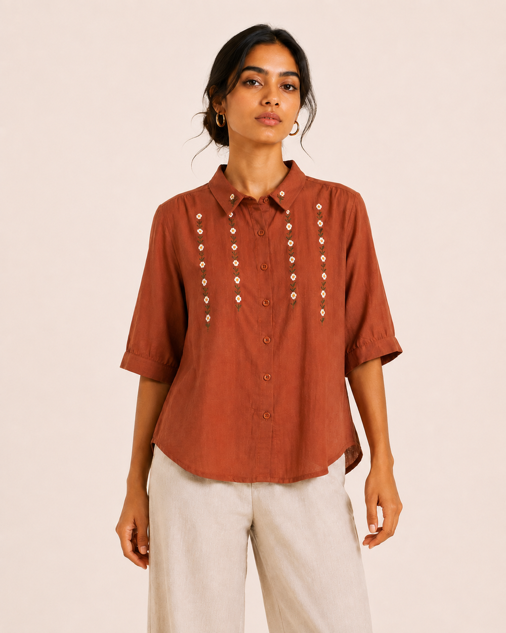 Terracotta Collar Floral Embroidered Cotton Shirt