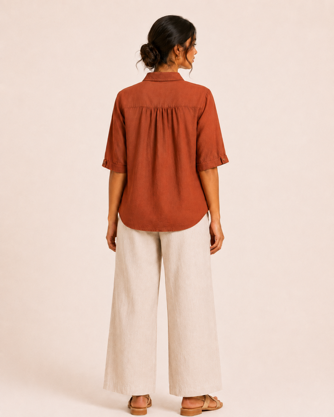 Terracotta Collar Floral Embroidered Cotton Shirt