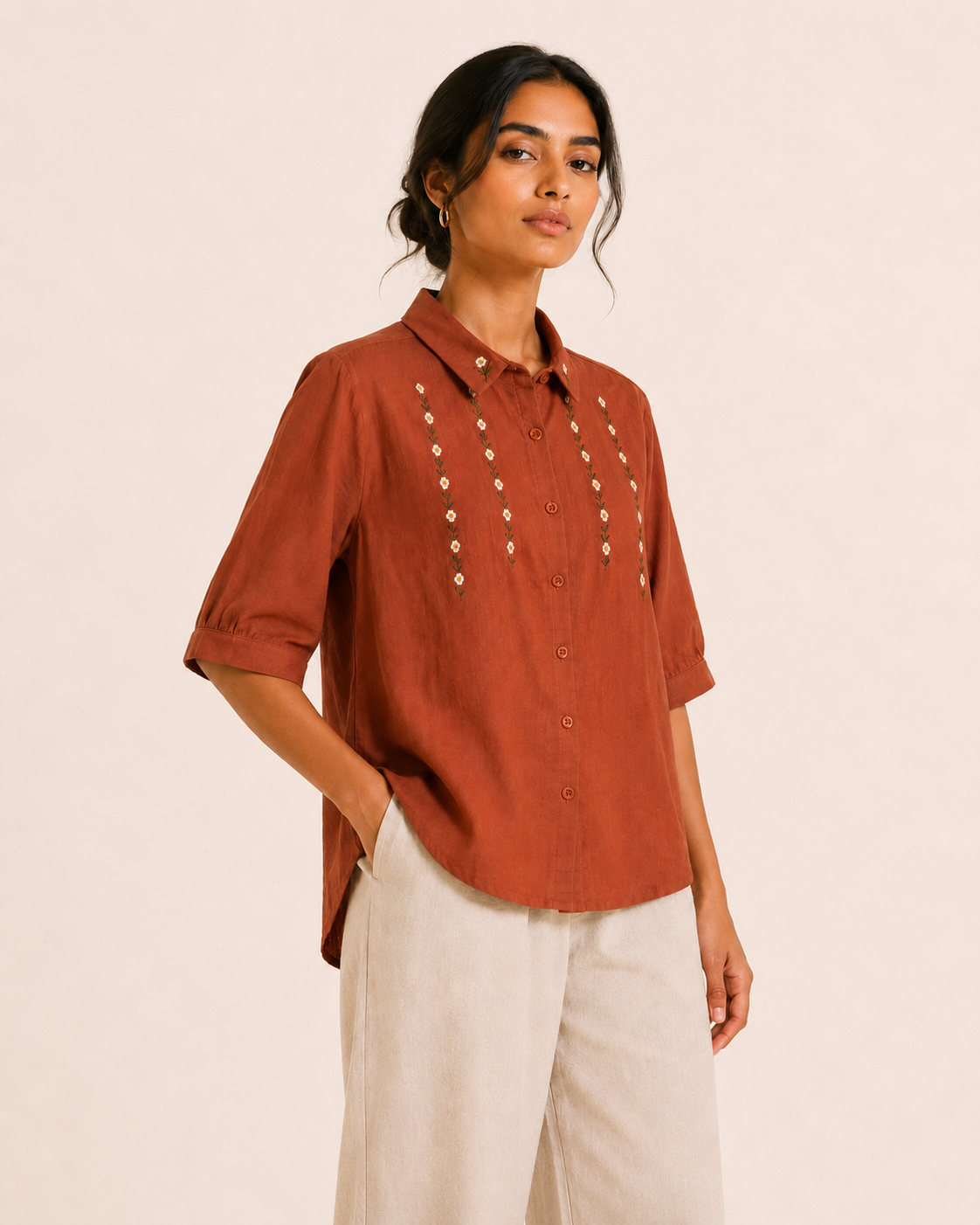 Terracotta Collar Floral Embroidered Cotton Shirt