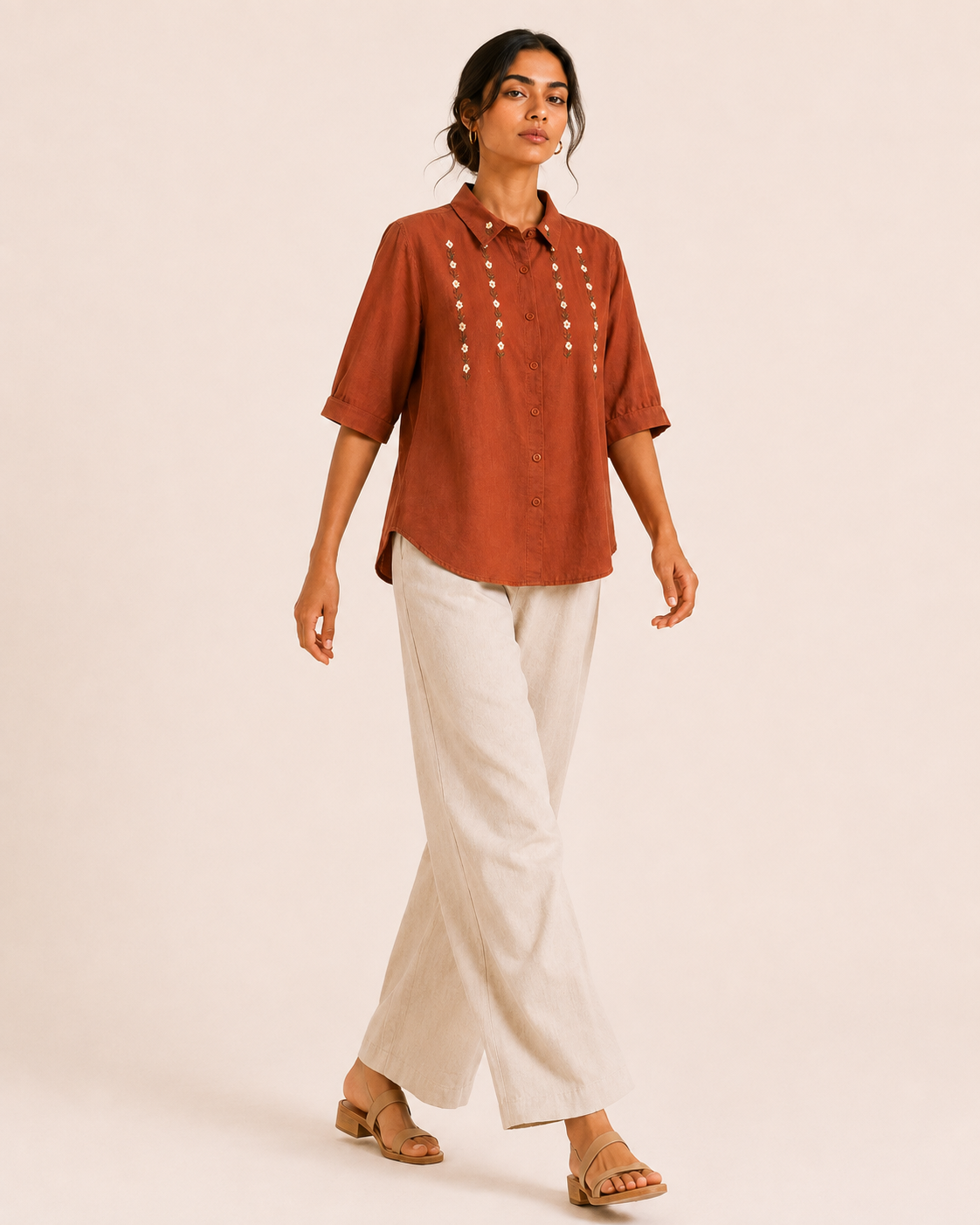 Terracotta Collar Floral Embroidered Cotton Shirt