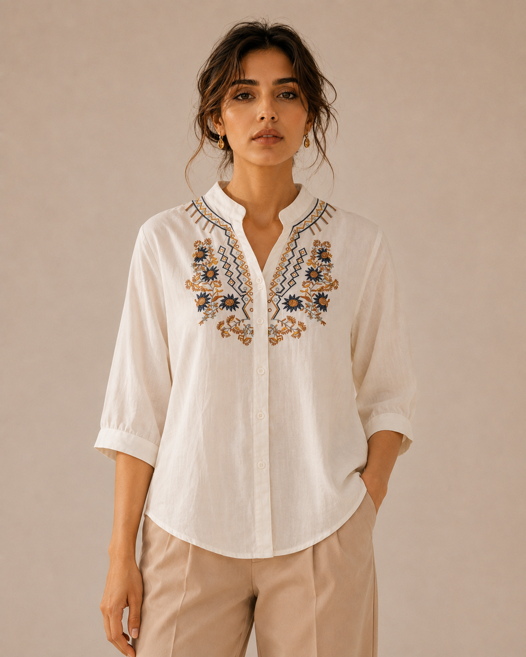 Warm Ivory Artisan Embroidered Cotton Shirt
