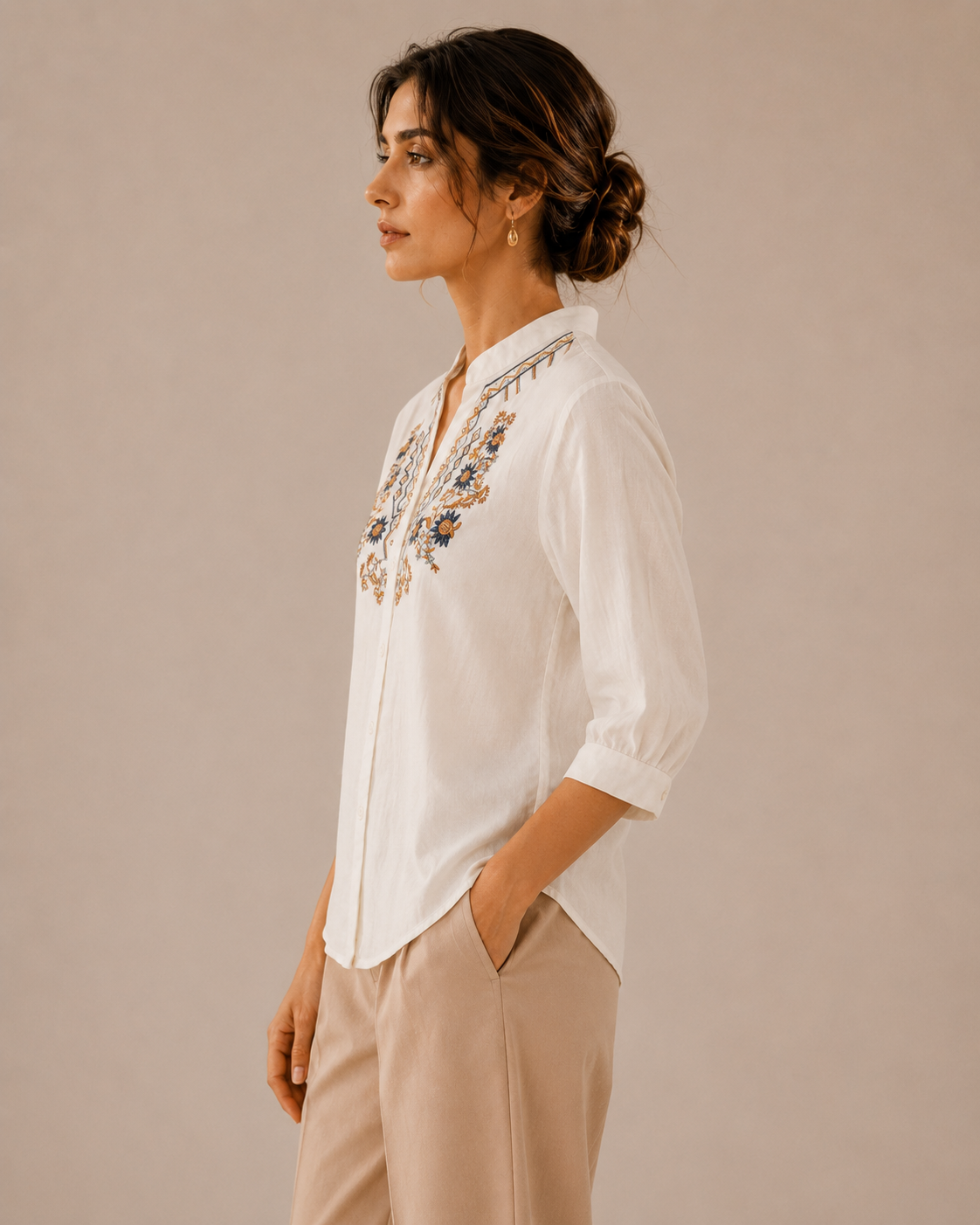 Warm Ivory Artisan Embroidered Cotton Shirt