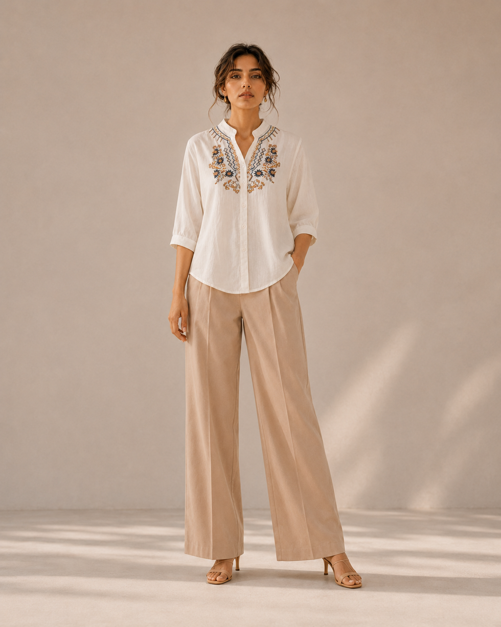 Warm Ivory Artisan Embroidered Cotton Shirt
