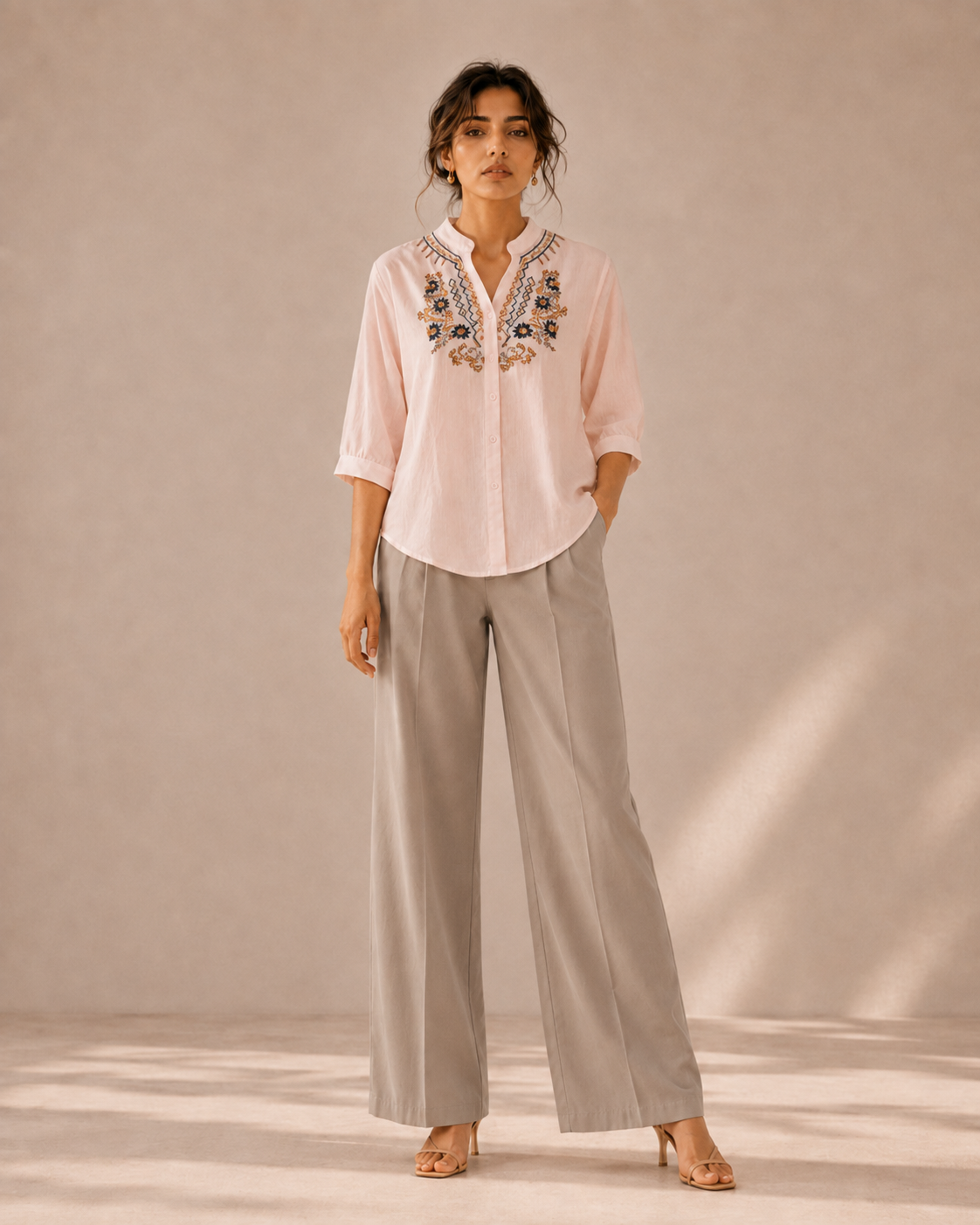 Soft Blush Pink Artisan Embroidered Cotton Shirt