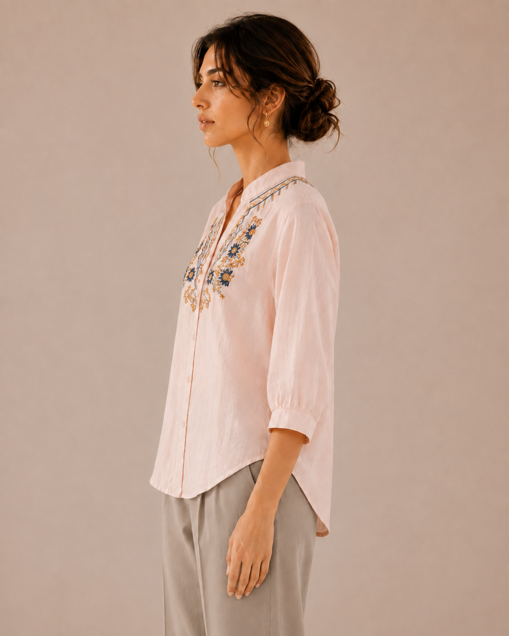 Soft Blush Pink Artisan Embroidered Cotton Shirt