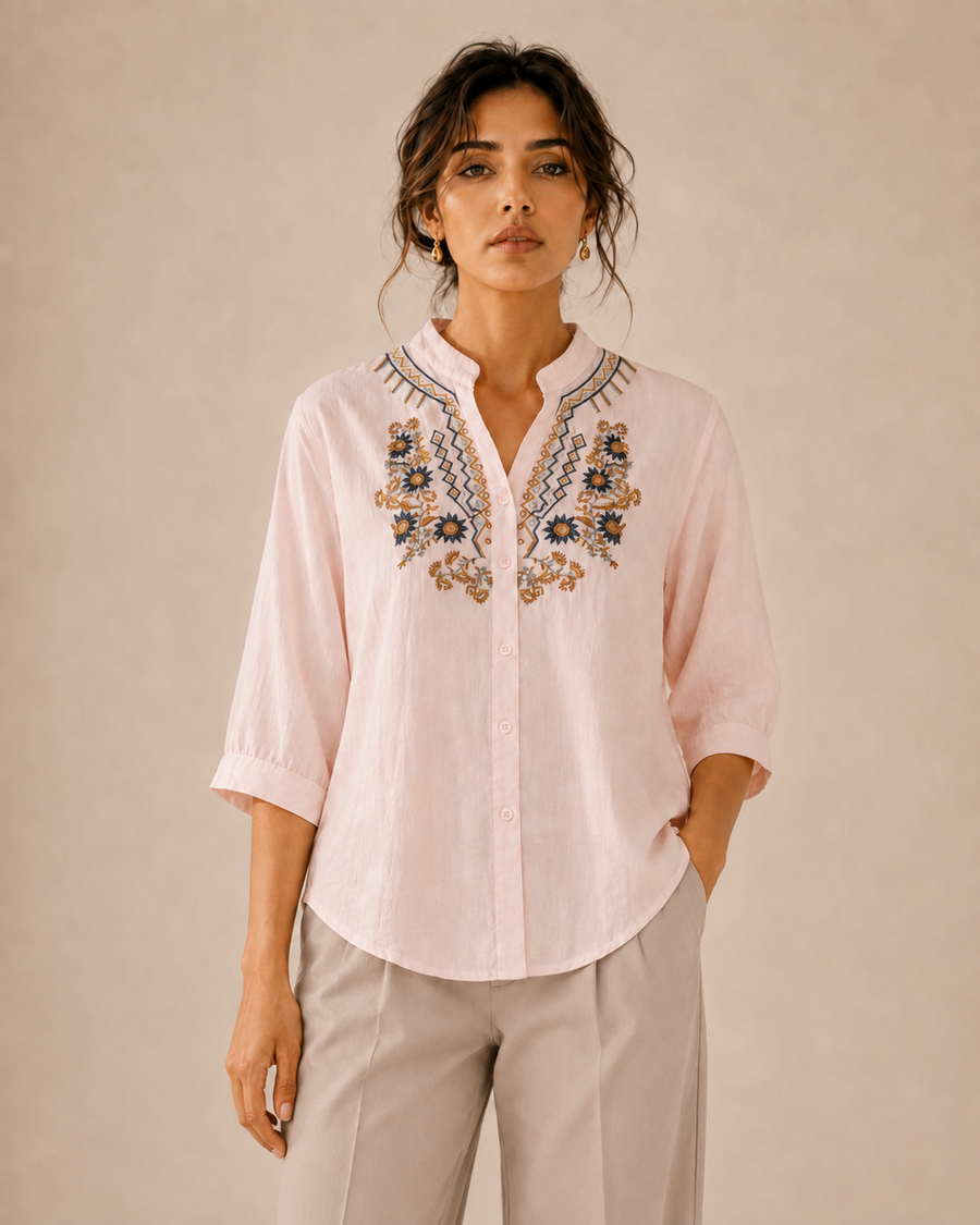 Soft Blush Pink Artisan Embroidered Cotton Shirt
