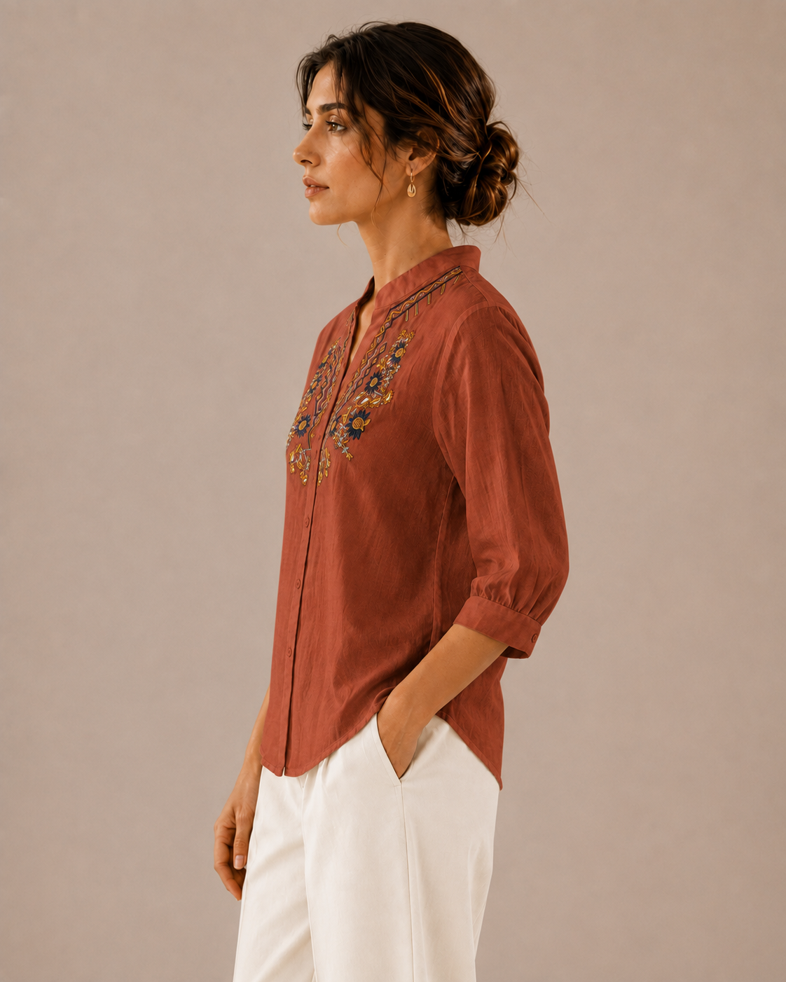 Terracotta Artisan Embroidered Cotton Shirt