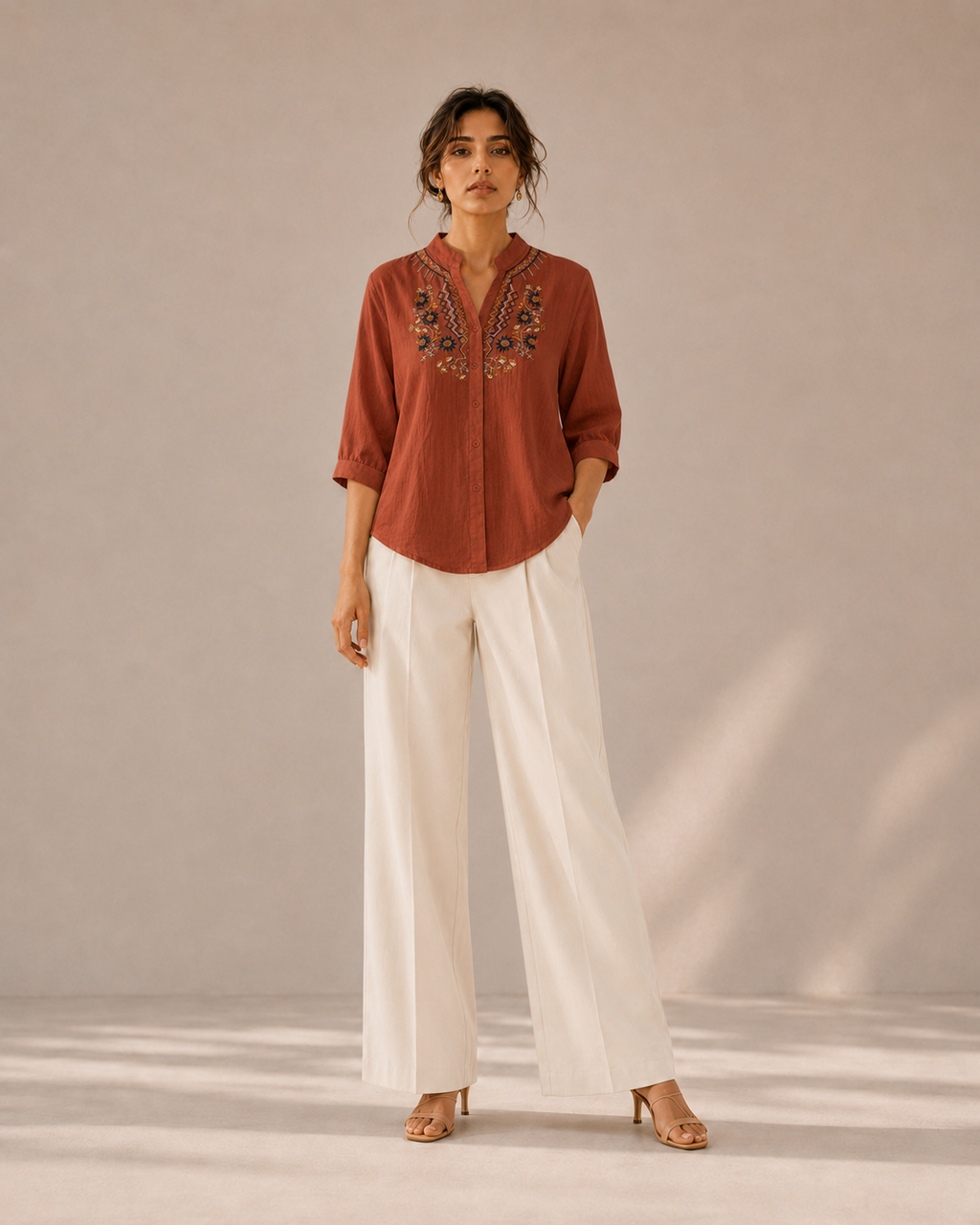 Terracotta Artisan Embroidered Cotton Shirt