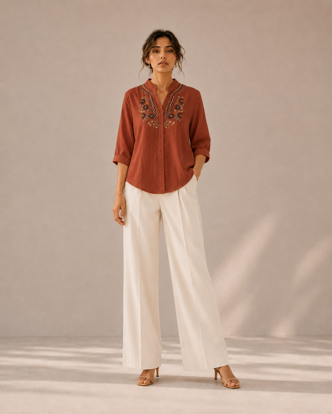 Terracotta Artisan Embroidered Cotton Shirt