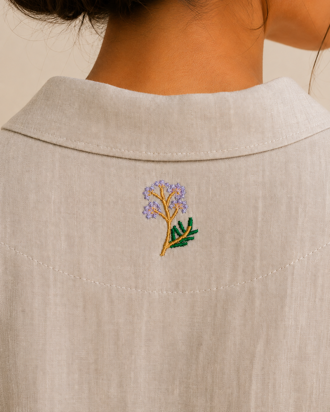 Stone Grey Back Embroidered Linen Shirt