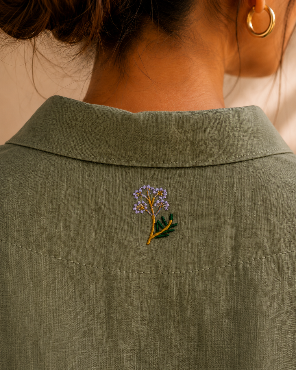 Olive Back Embroidered Linen Shirt