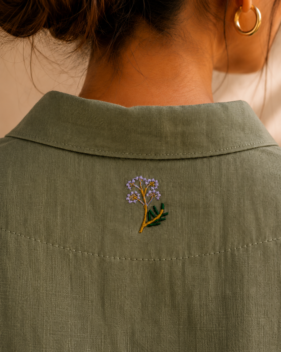 Olive Back Embroidered Linen Shirt