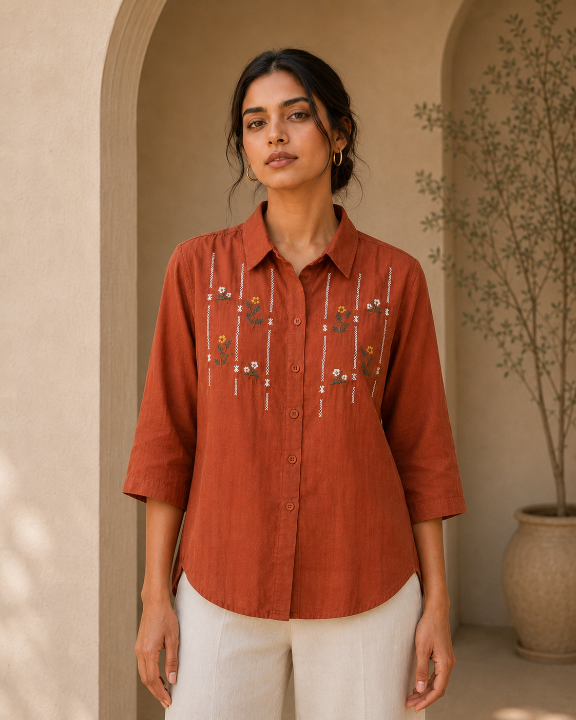 Terracotta Floral Embroidered Cotton Shirt