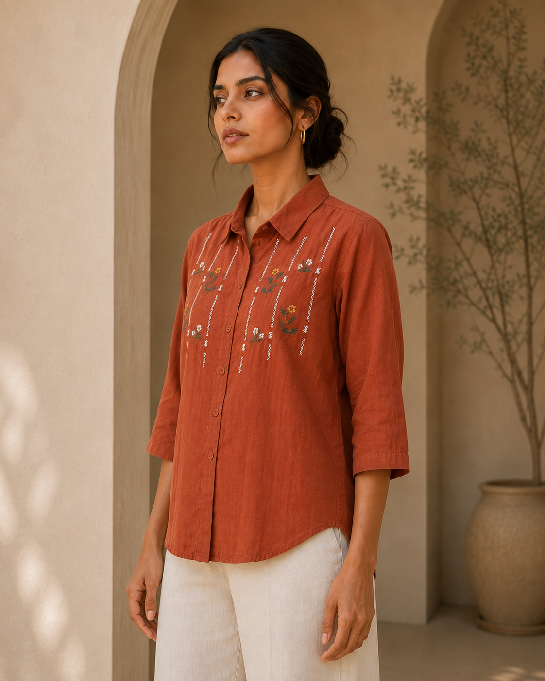 Terracotta Floral Embroidered Cotton Shirt