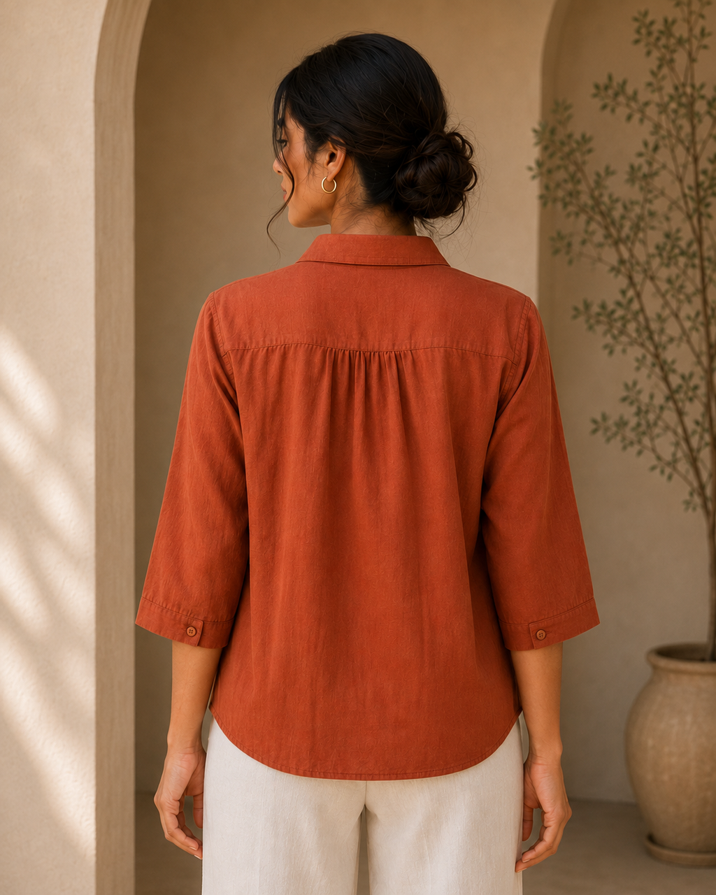 Terracotta Floral Embroidered Cotton Shirt