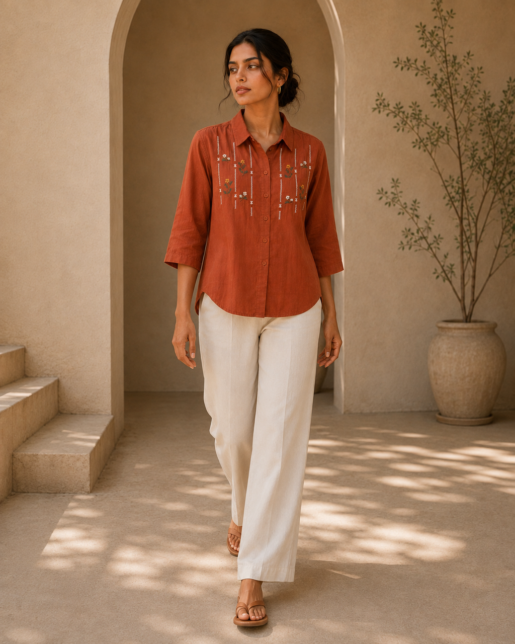 Terracotta Floral Embroidered Cotton Shirt