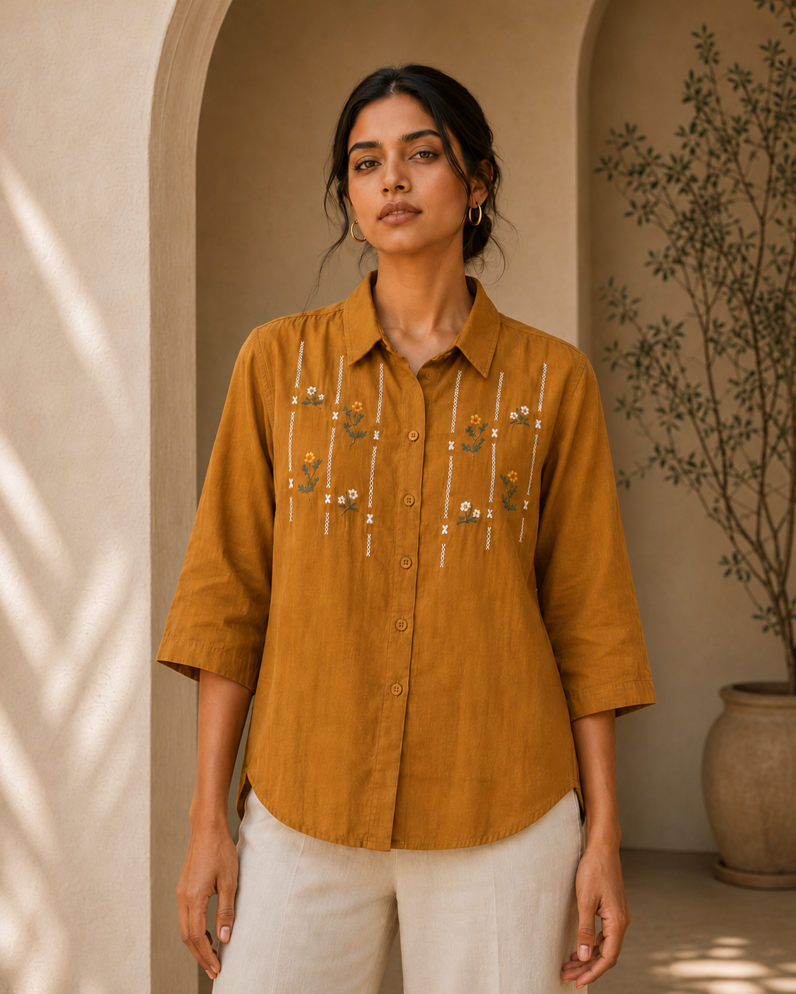Mustard Floral Embroidered Cotton Shirt