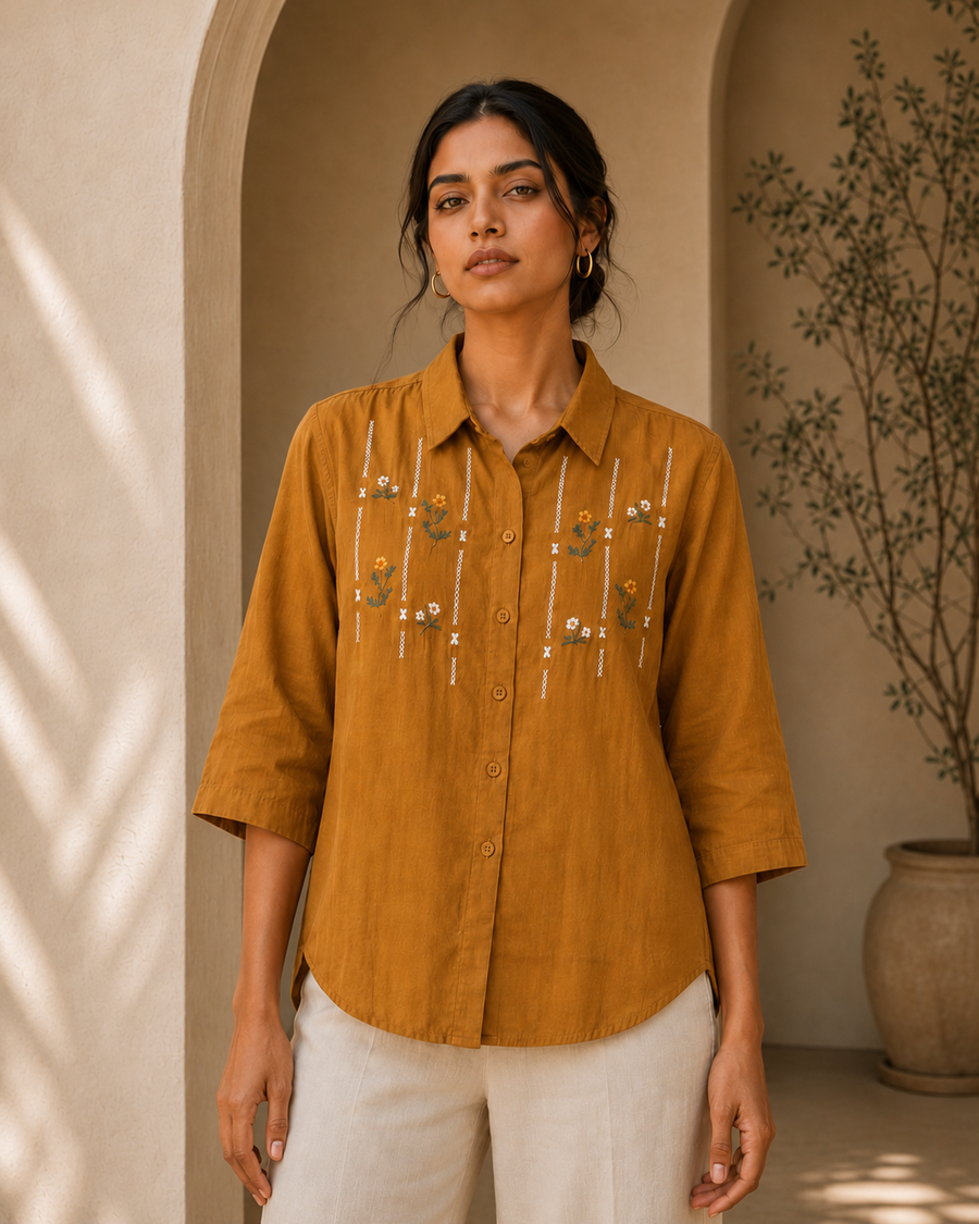 Mustard Floral Embroidered Cotton Shirt