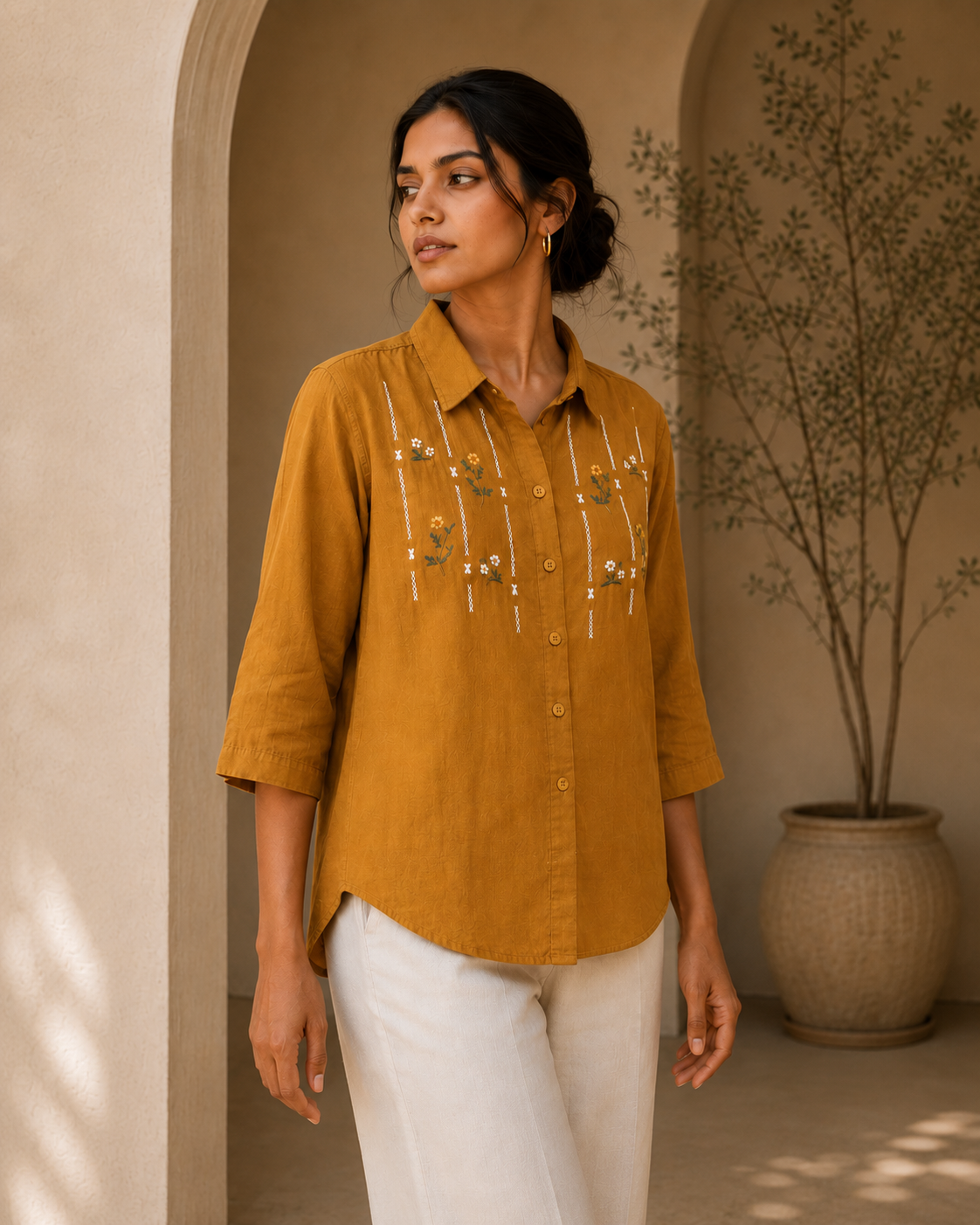 Mustard Floral Embroidered Cotton Shirt