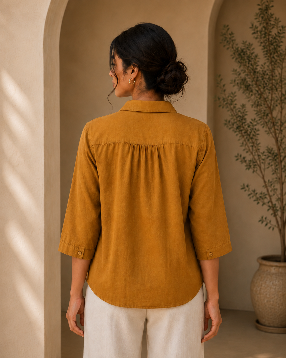 Mustard Floral Embroidered Cotton Shirt