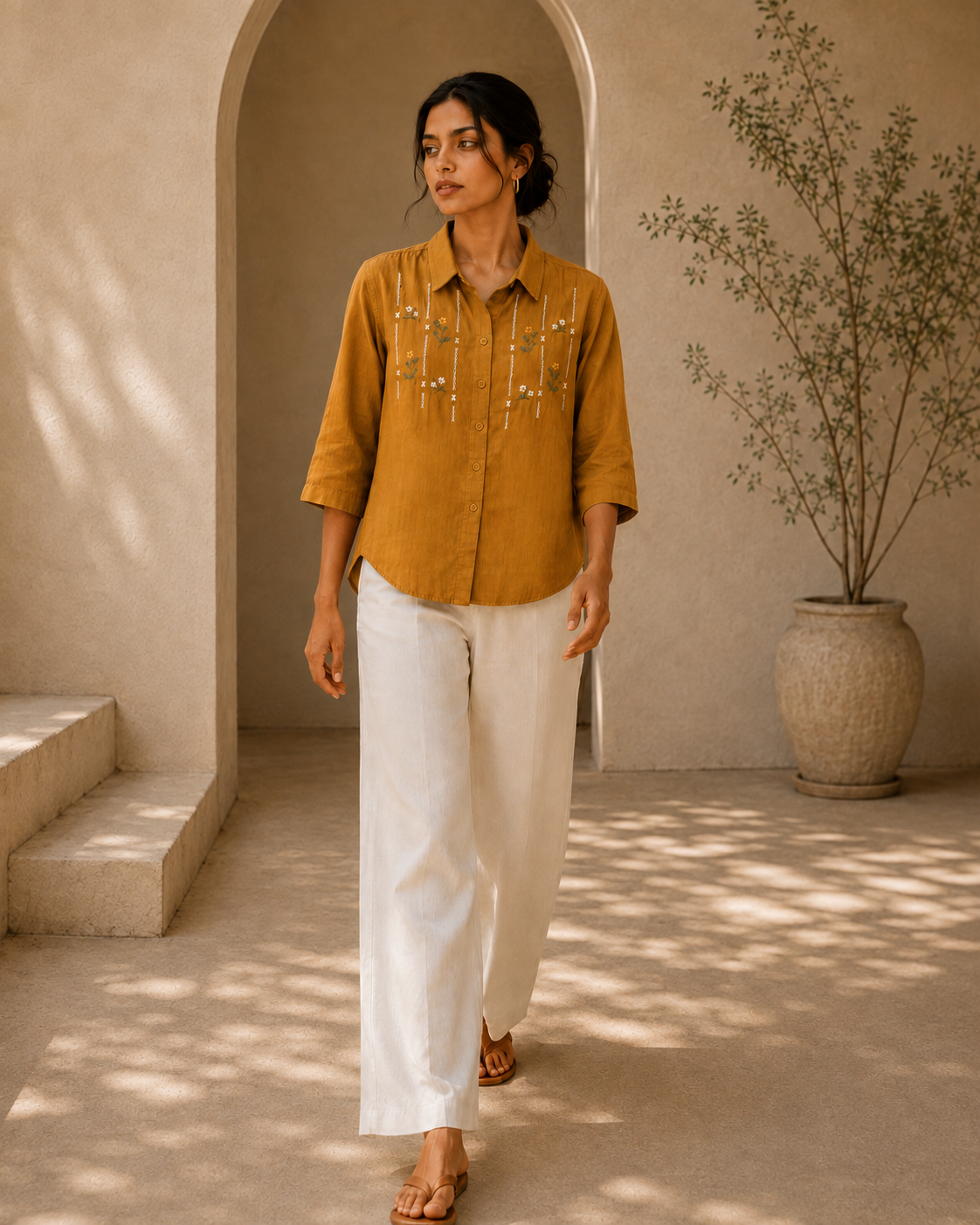 Mustard Floral Embroidered Cotton Shirt