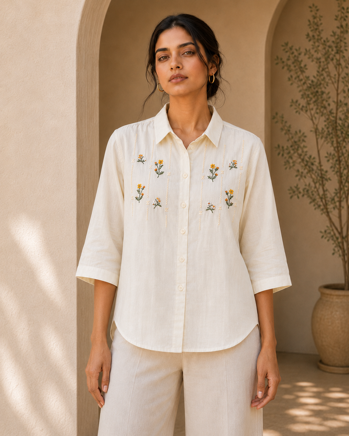 Ivory Floral Embroidered Cotton Shirt